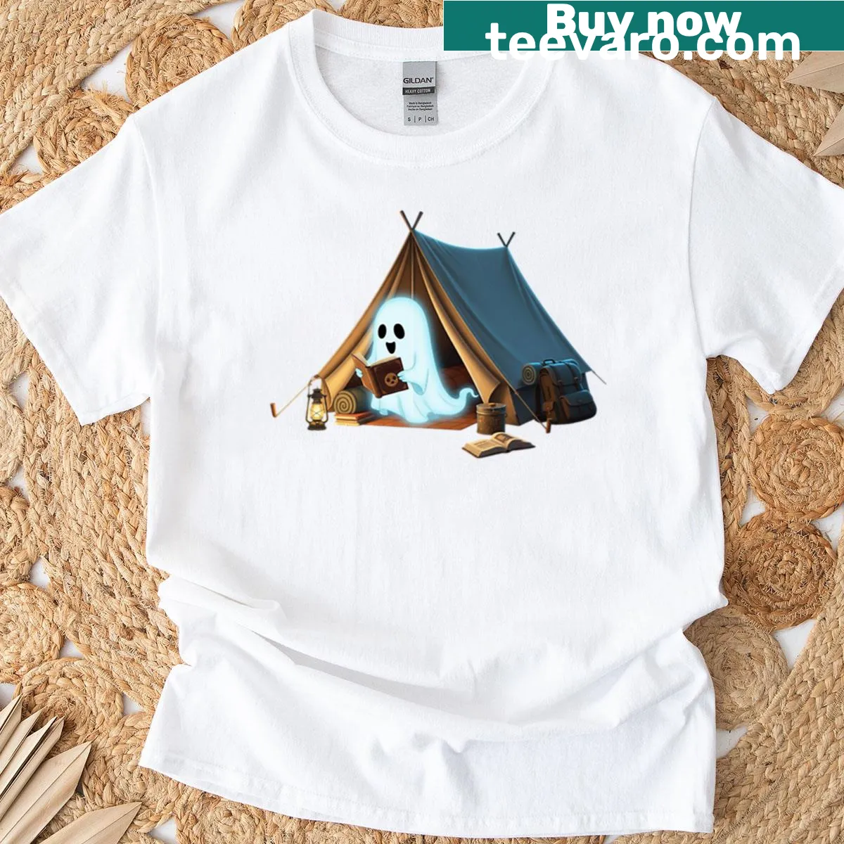 Whimsical ghost graphic t-shirt for Halloween camping theme — on a men's t-shirt