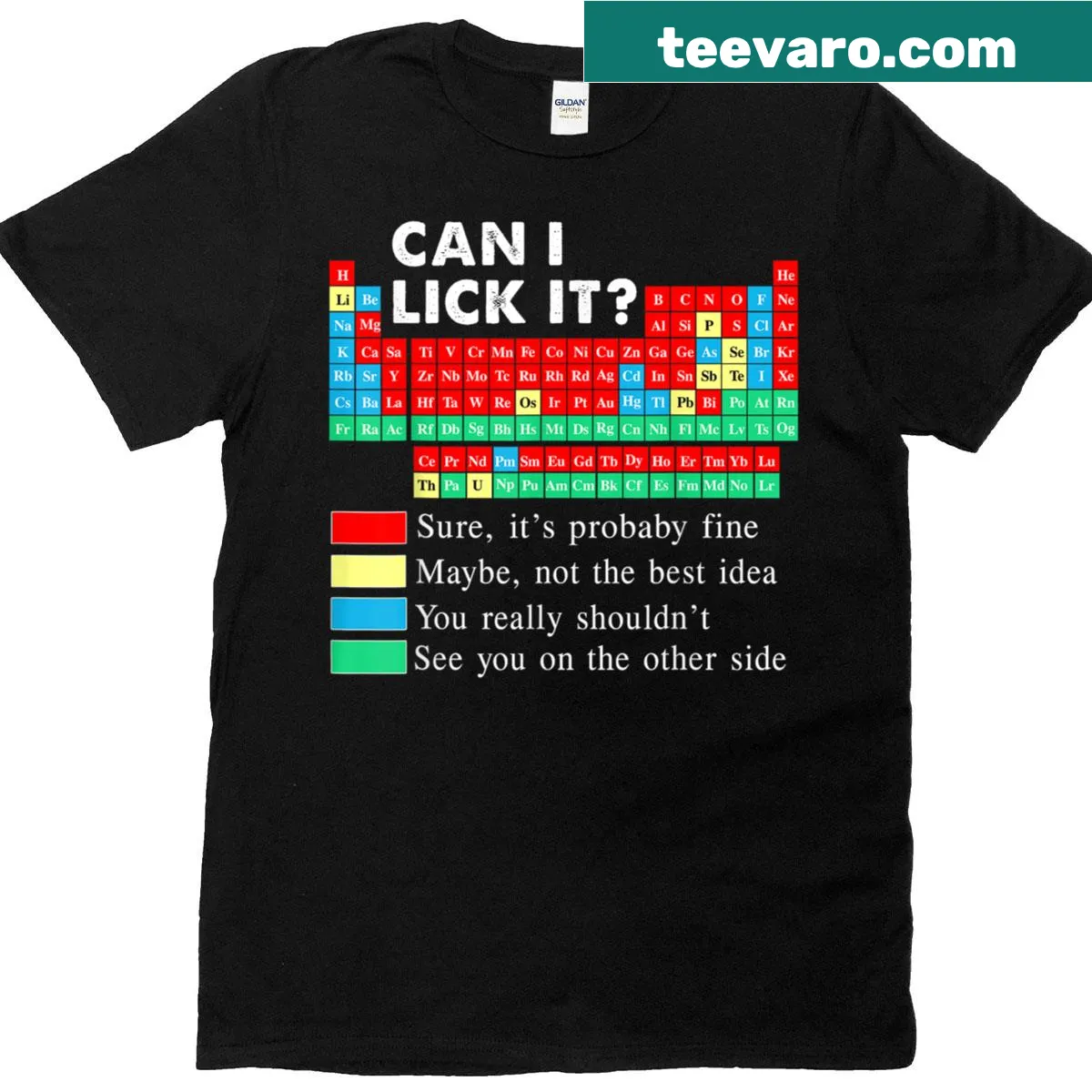 Funny science T-shirt with 'Can I Lick It' and periodic table design — on a men's t-shirt