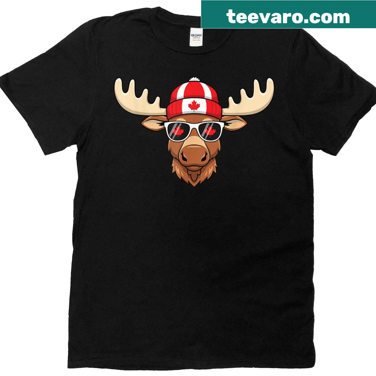 Moose in sunglasses design with Canadian flag and maple leaf — on a men's t-shirt