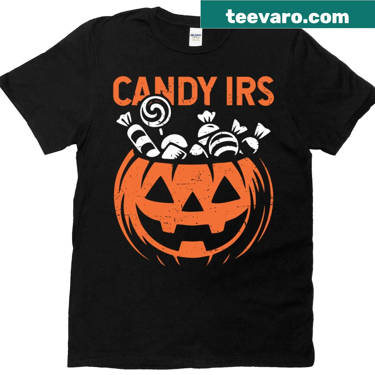Halloween-themed T-shirt with carved pumpkin and playful text — on a men's t-shirt