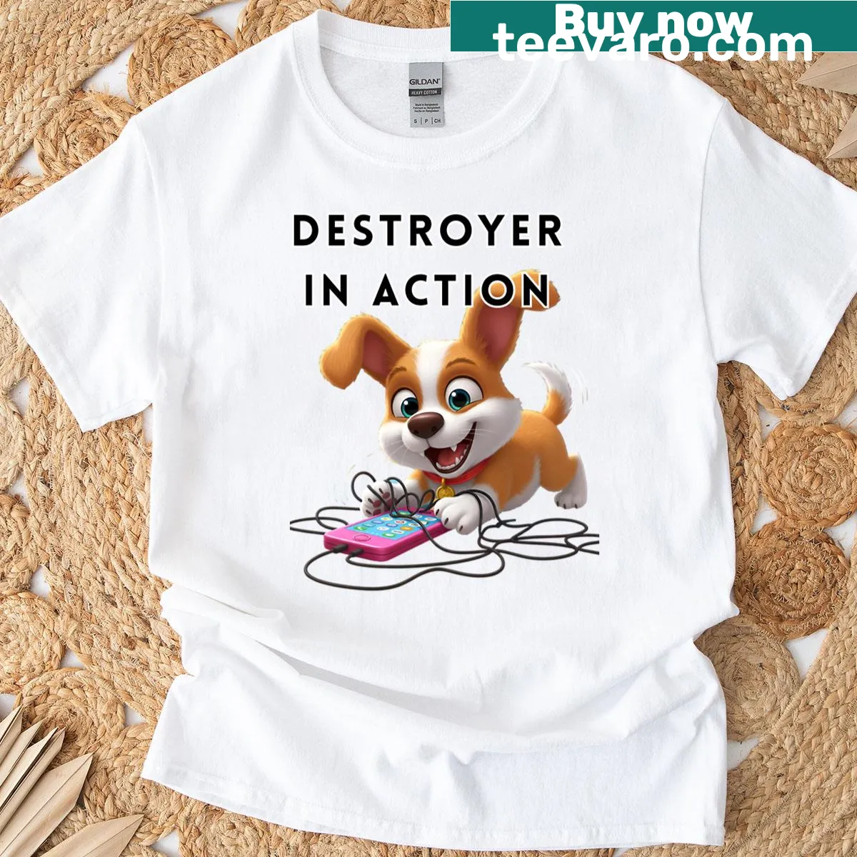 Playful dog illustration in action for pet lovers on a t-shirt — on a men's t-shirt