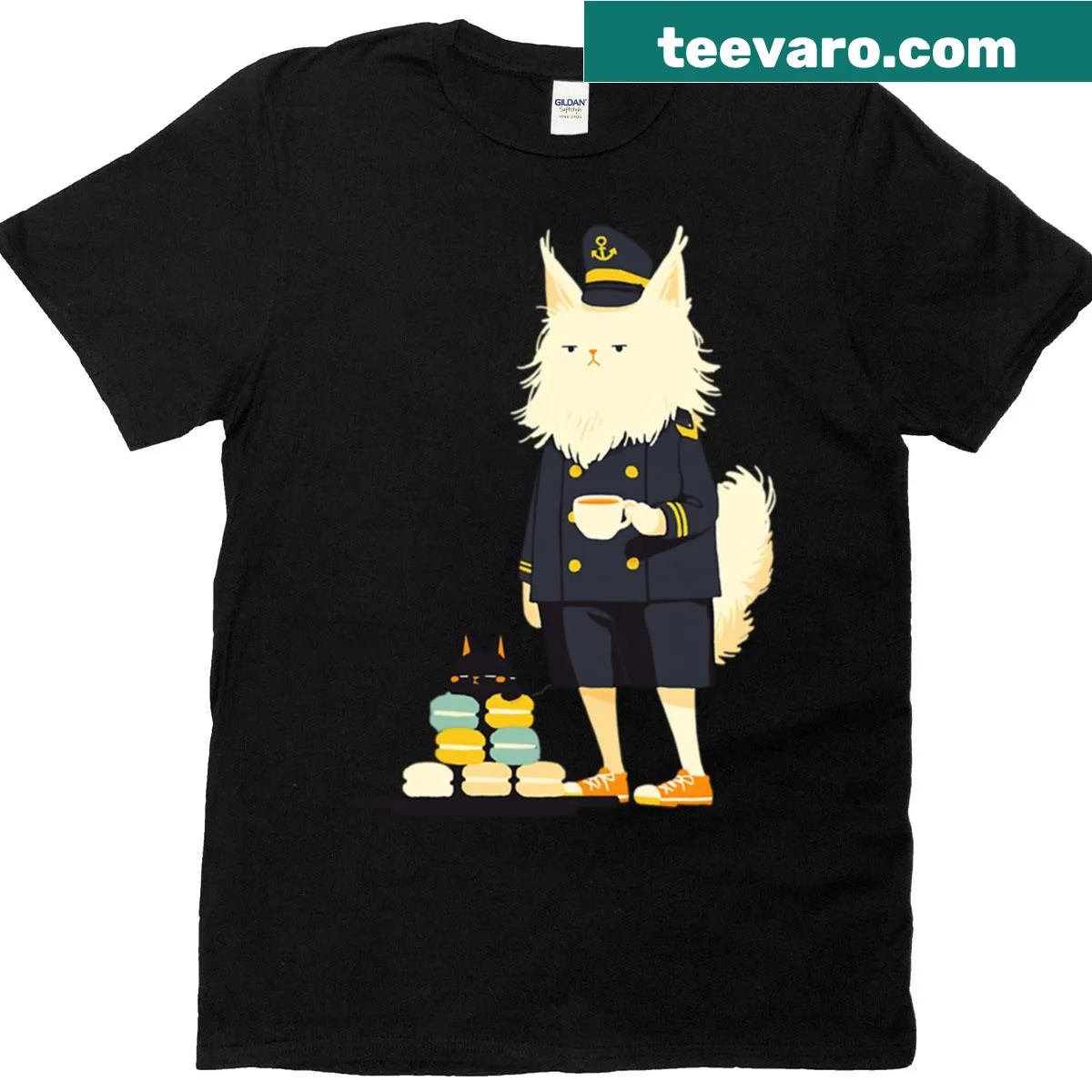 Adorable T-shirt featuring Captain Cat and a tower of macarons — on a men's t-shirt