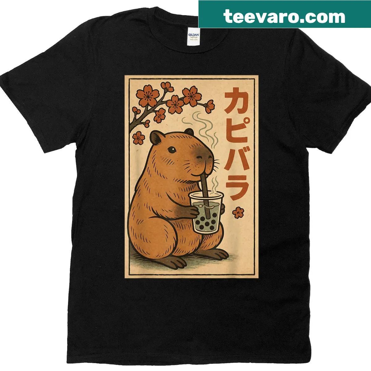 Kawaii capybara sipping bubble tea graphic — on a men's t-shirt
