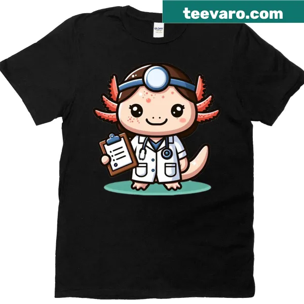 Cartoon axolotl doctor wearing a stethoscope and holding a clipboard