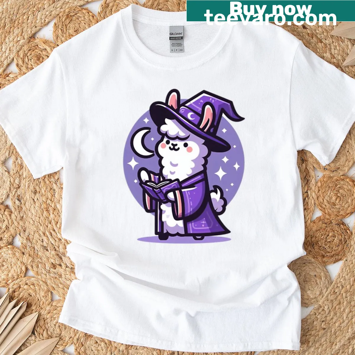 Cartoon llama wizard with spellbook and crescent moon hat on a t-shirt — on a men's t-shirt