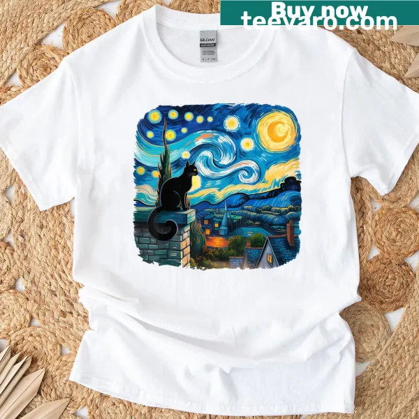 Cat illustration within a Starry Night landscape inspired by Van Gogh