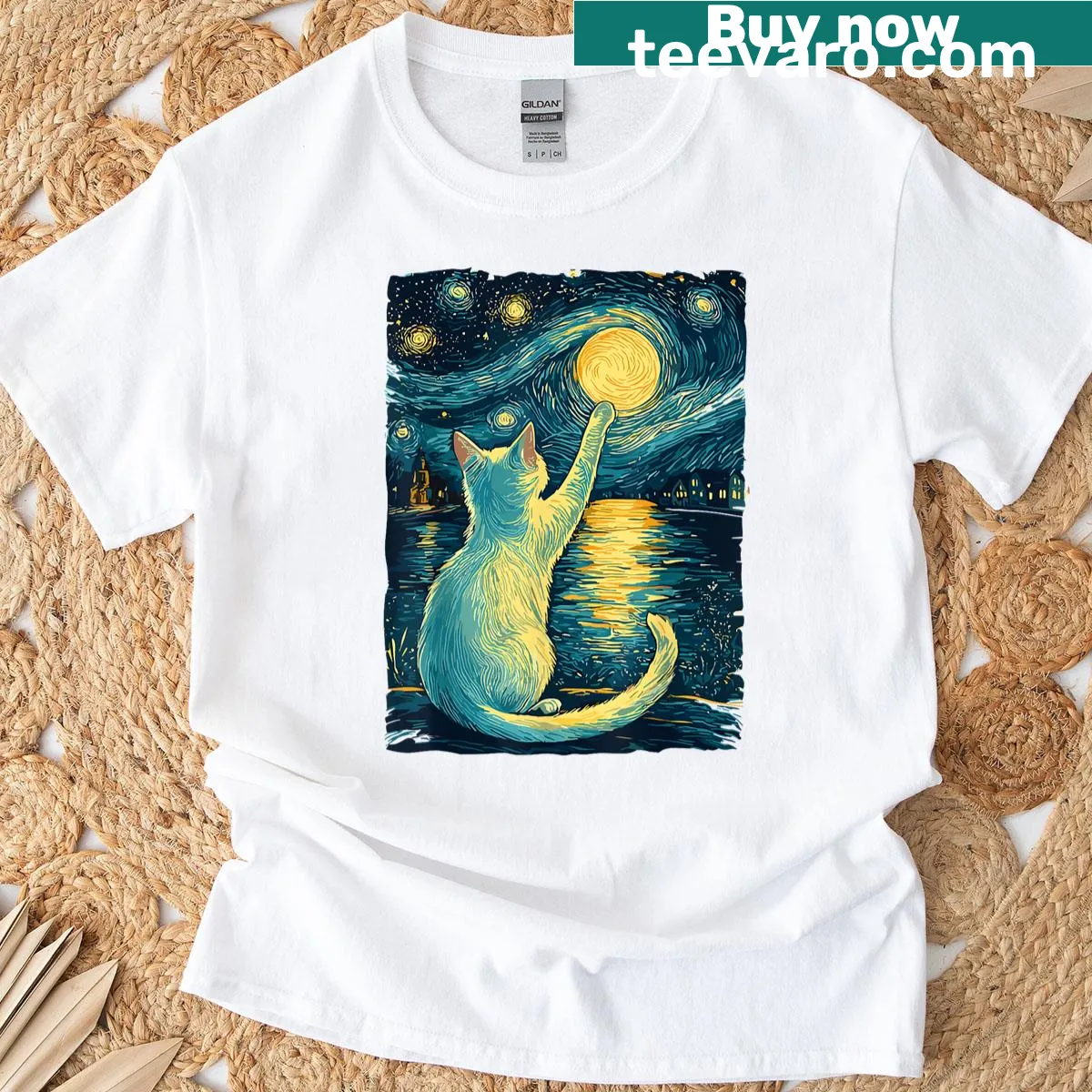 Art-inspired cat design with stars reminiscent of Van Gogh on a t-shirt — on a men's t-shirt