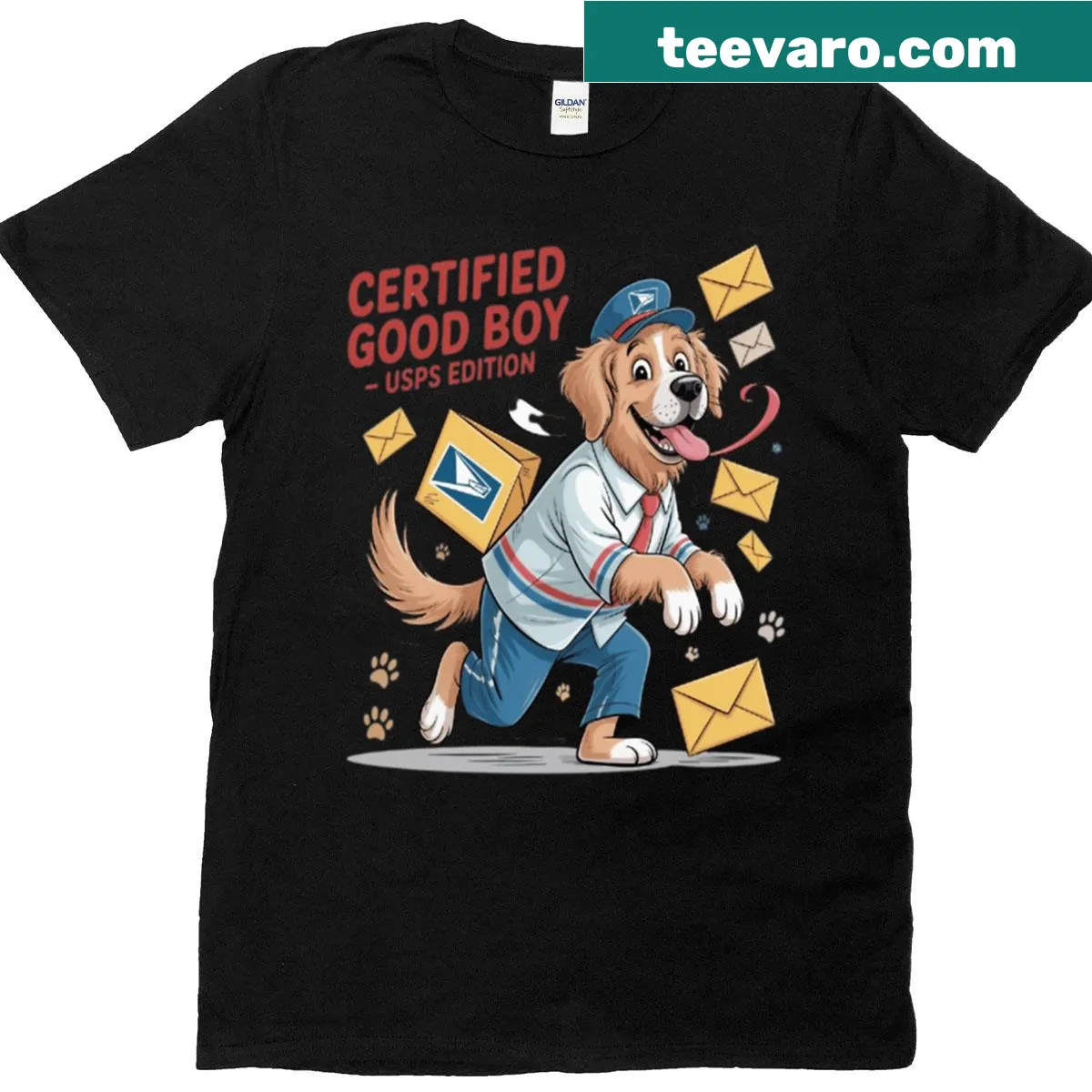 Cartoon golden retriever with 'Certified Good Boy' text on shirt — on a men's t-shirt