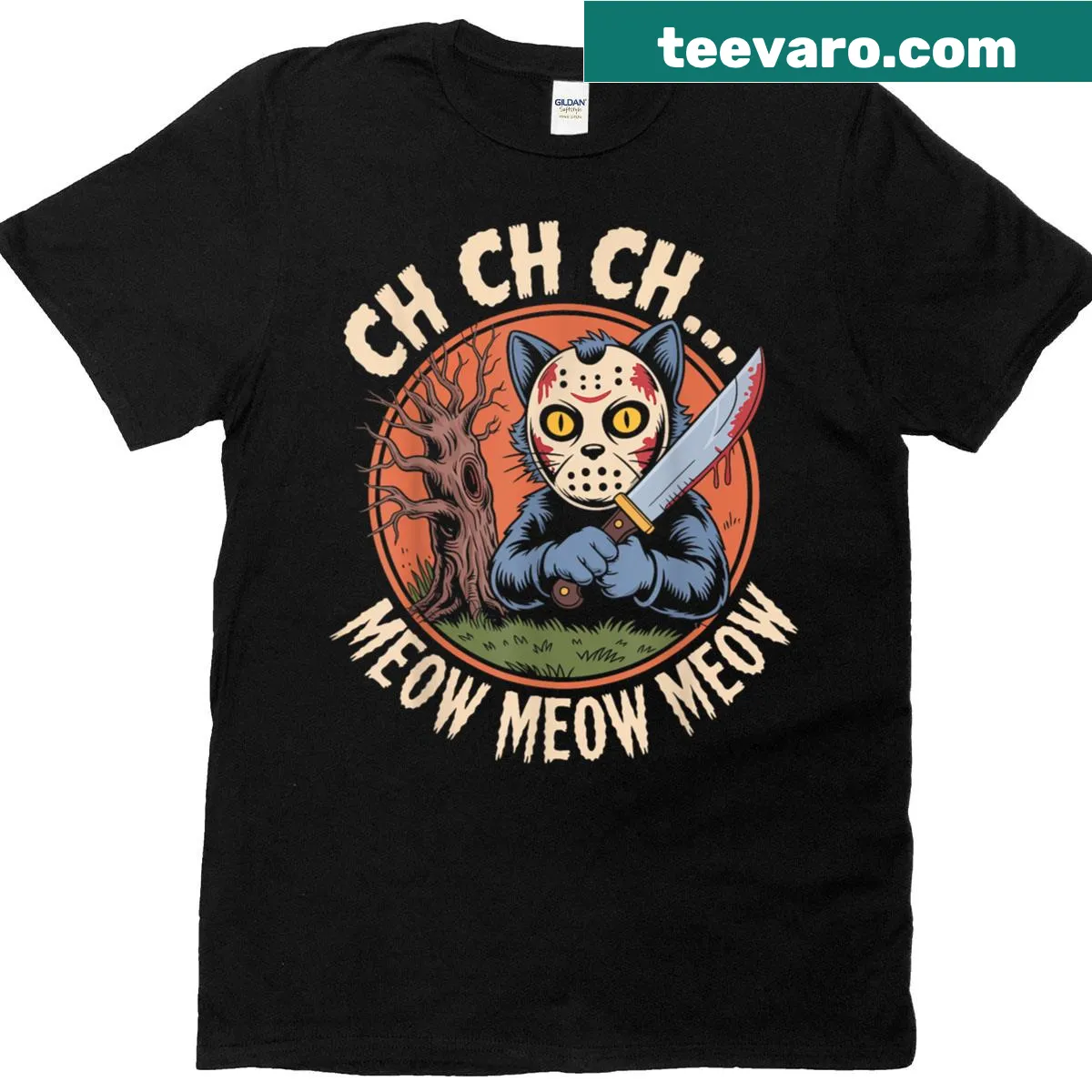 Retro horror-themed shirt featuring cat sounds and playful text — on a men's t-shirt