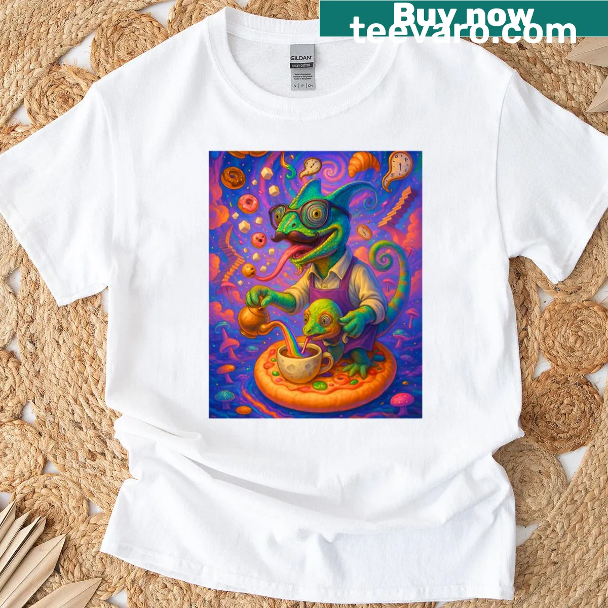 Illustrative design of a chameleon barista serving surreal food on T-shirt — on a men's t-shirt