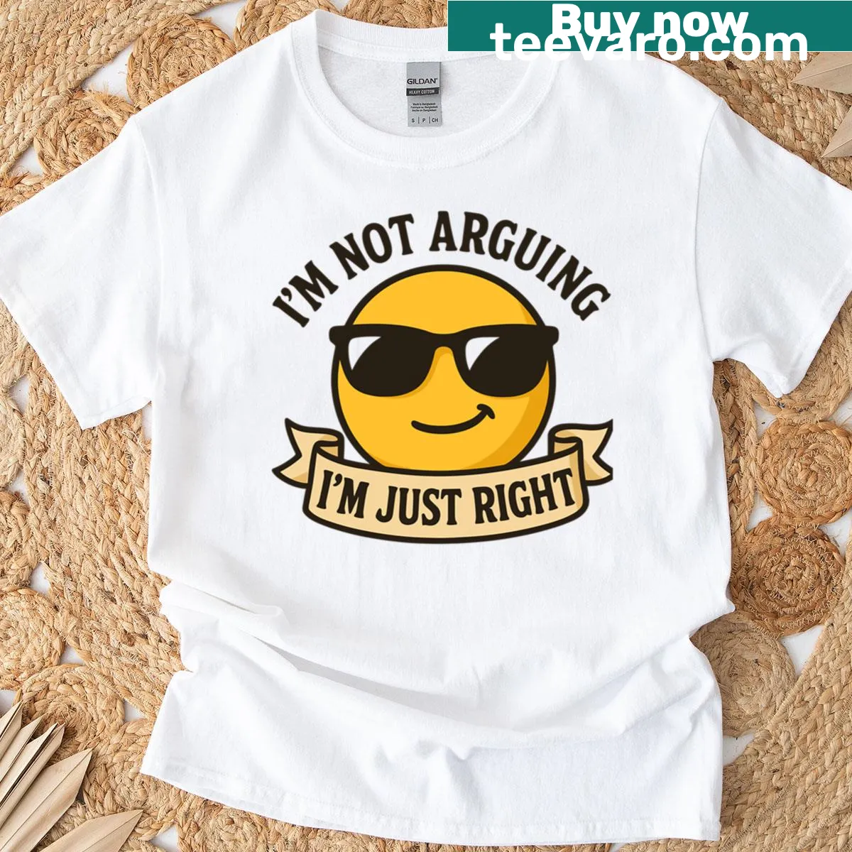Playful smiley graphic tee with text 'I'm Just Right' — on a men's t-shirt
