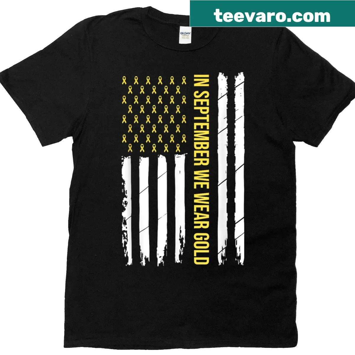 Awareness shirt for childhood cancer with symbolic ribbon graphic — on a men's t-shirt