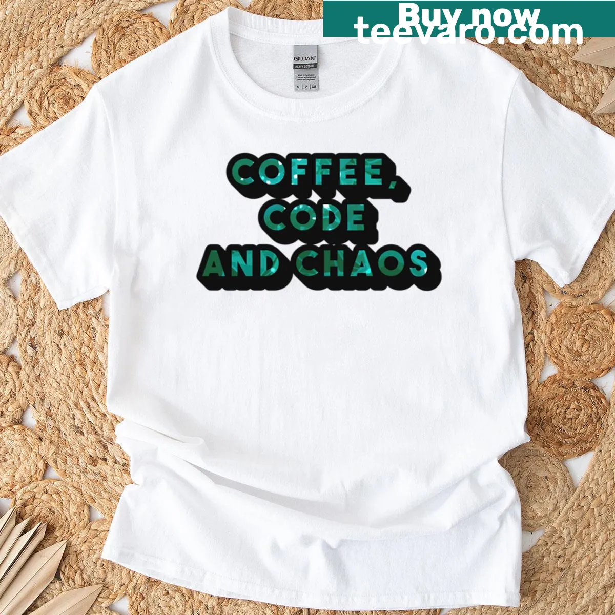 Funny typography t-shirt that combines coffee and chaos themes — on a men's t-shirt