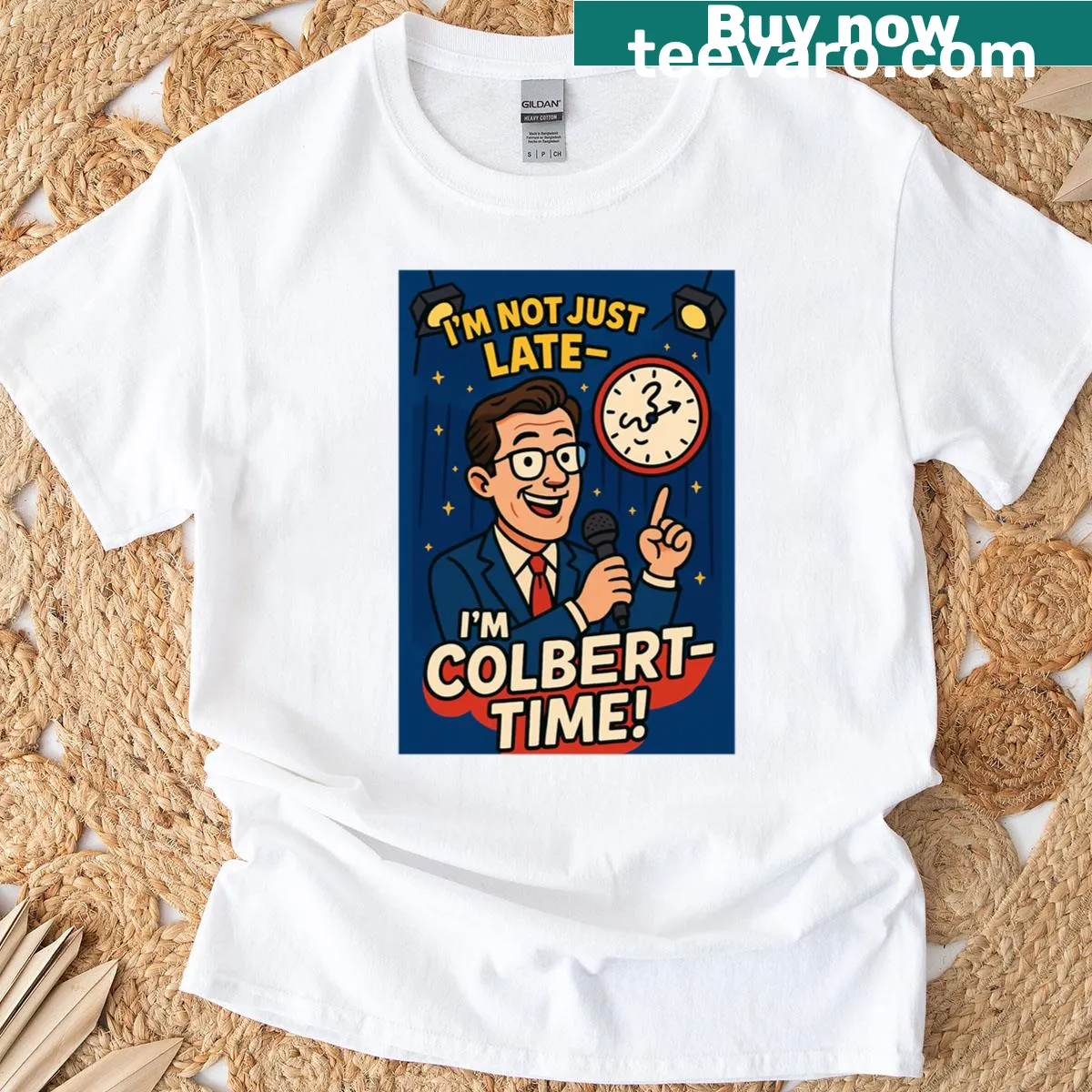 Illustrated t-shirt with the phrase Colbert-time for comedy fans — on a men's t-shirt