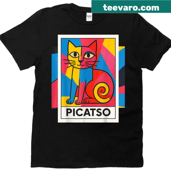 Cubist style graphic t-shirt featuring a cat in pop art style
