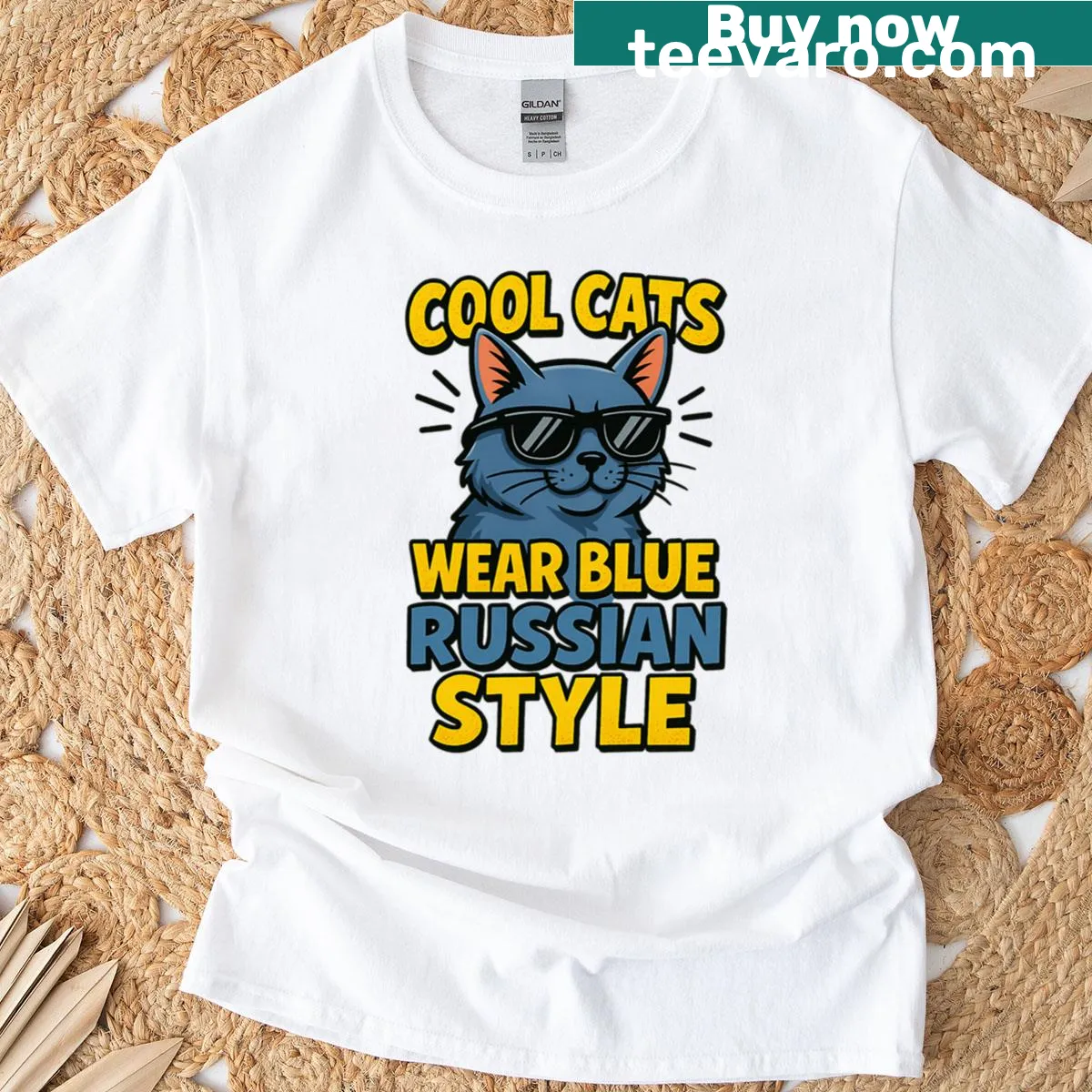 Playful cartoon Russian Blue cat oversized T-shirt — on a men's t-shirt