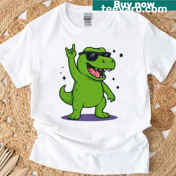 Cartoon dinosaur with sunglasses on an oversized t-shirt