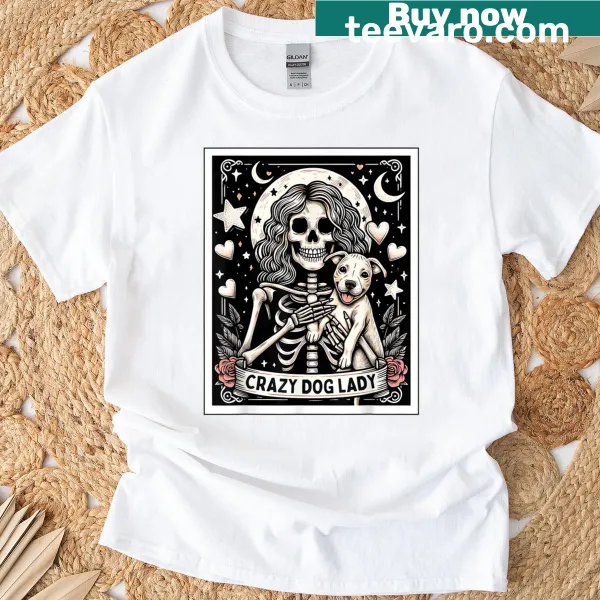 Gothic tarot card design featuring a skeleton and dog motifs