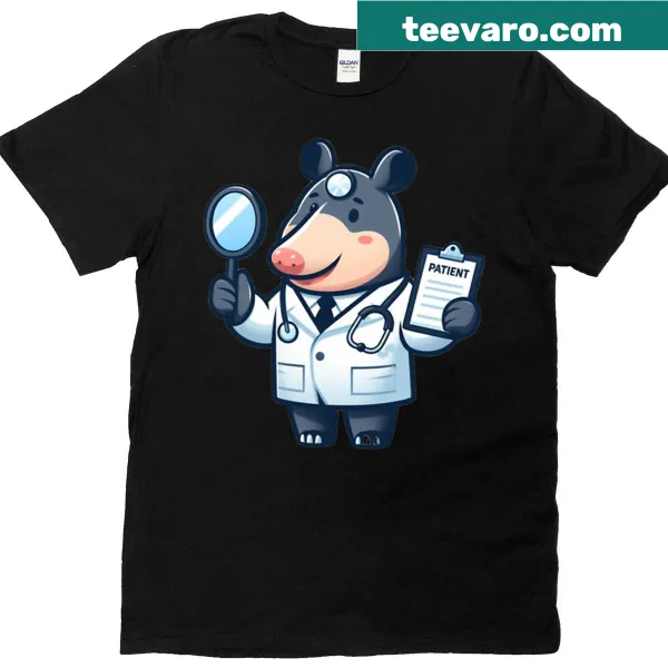 Cartoon tapir doctor graphic T-shirt with chart and mirror