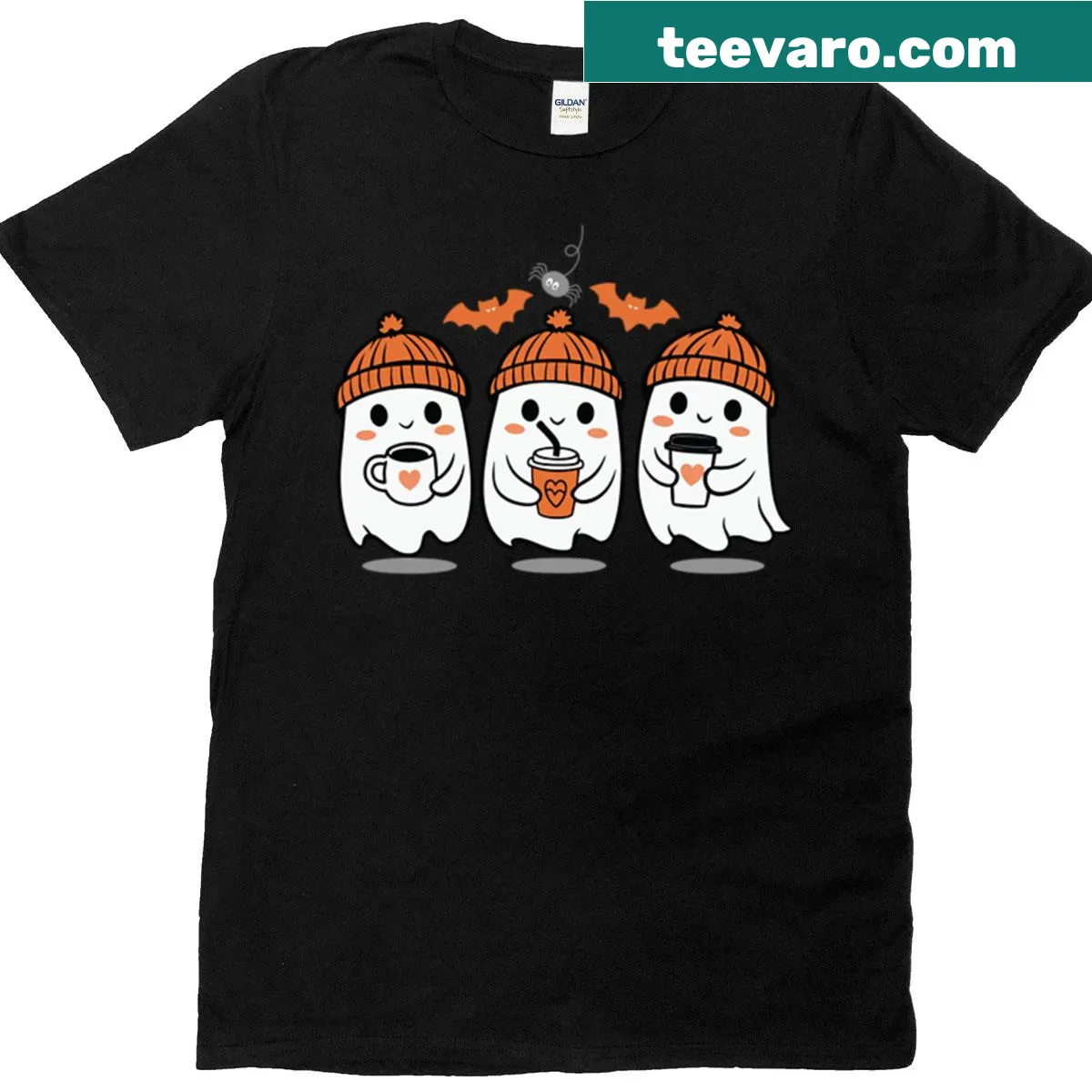 Adorable Halloween ghosts holding coffee mugs in a cute illustration — on a men's t-shirt
