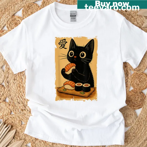 Kawaii black cat design eating sushi on a t-shirt