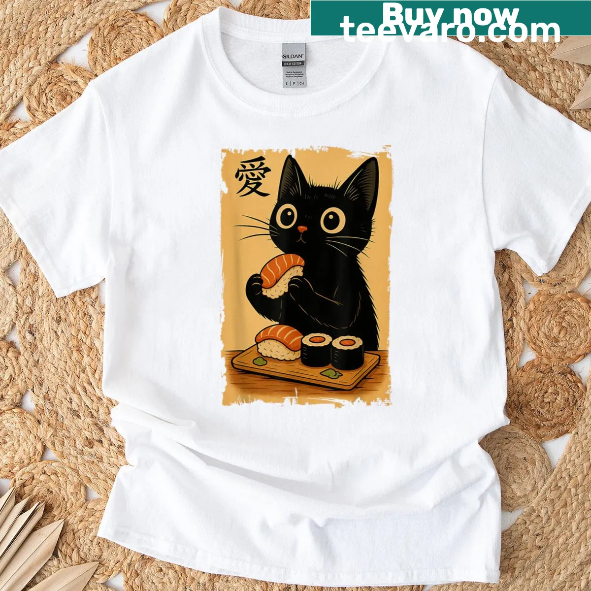 Kawaii black cat design eating sushi on a t-shirt — on a men's t-shirt