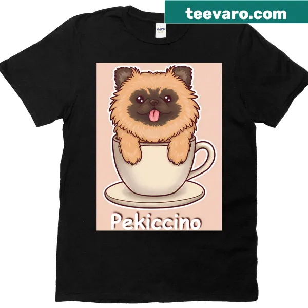 Chibi-style Pekingese puppy in a coffee mug on a t-shirt