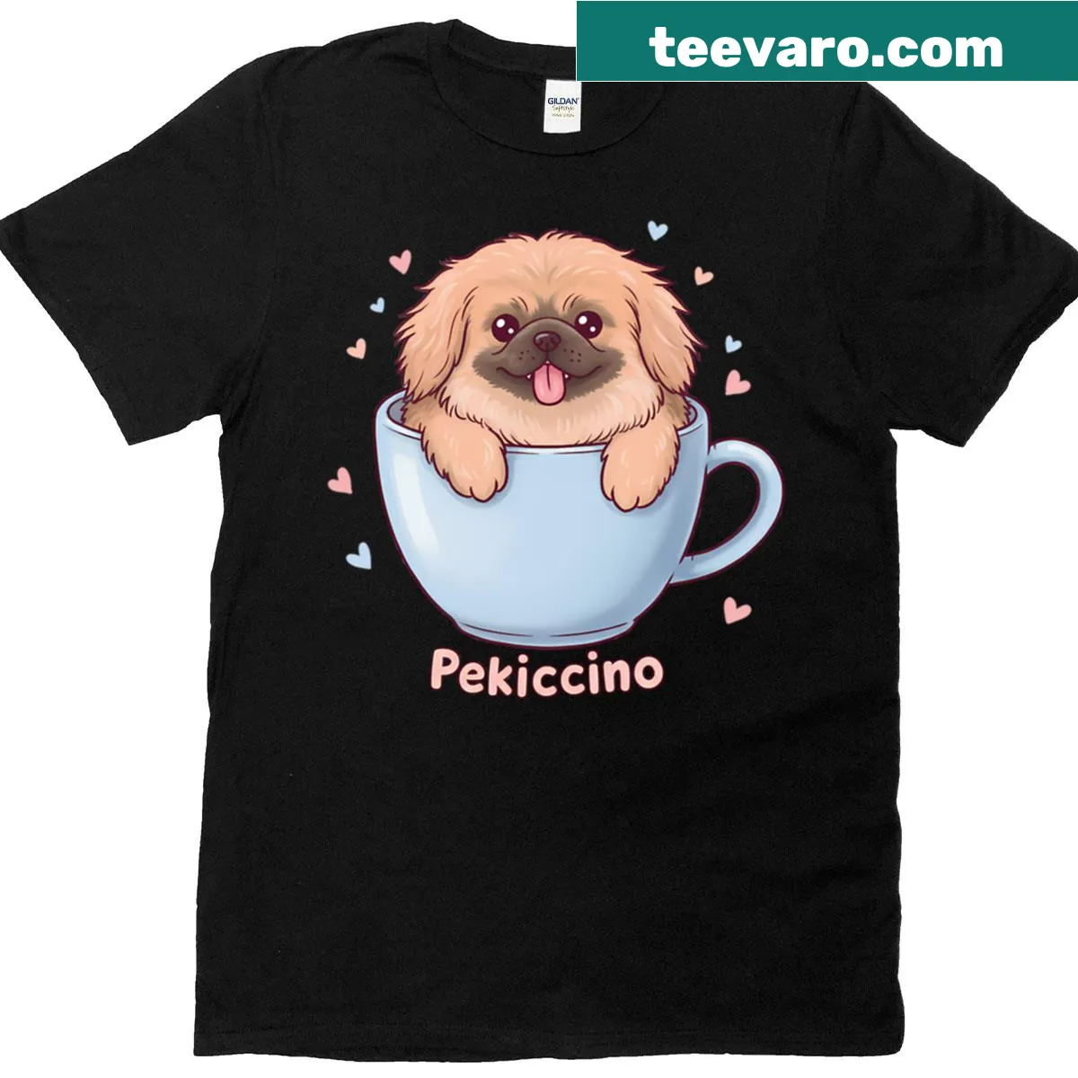Kawaii style Pekingese puppy in a coffee mug illustration — on a men's t-shirt