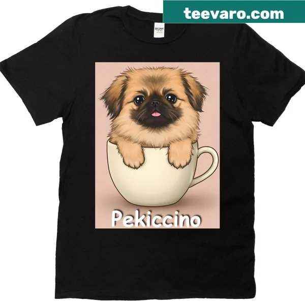 Realistic digital art of a Pekingese puppy in a coffee mug