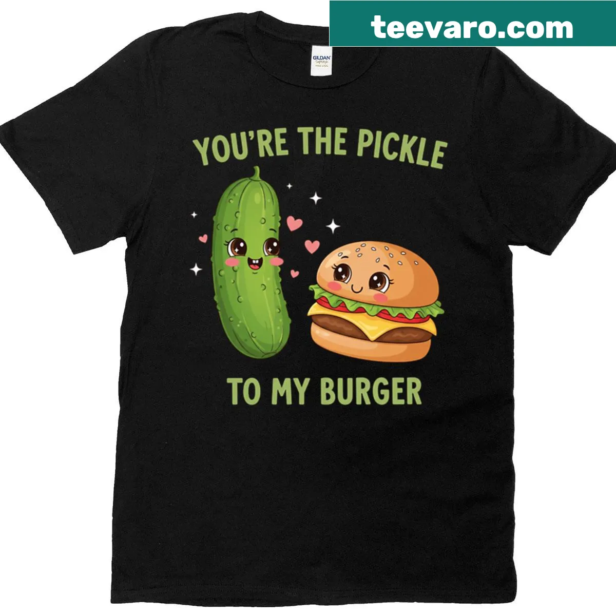 Cute illustration of a pickle and burger as a couple — on a men's t-shirt