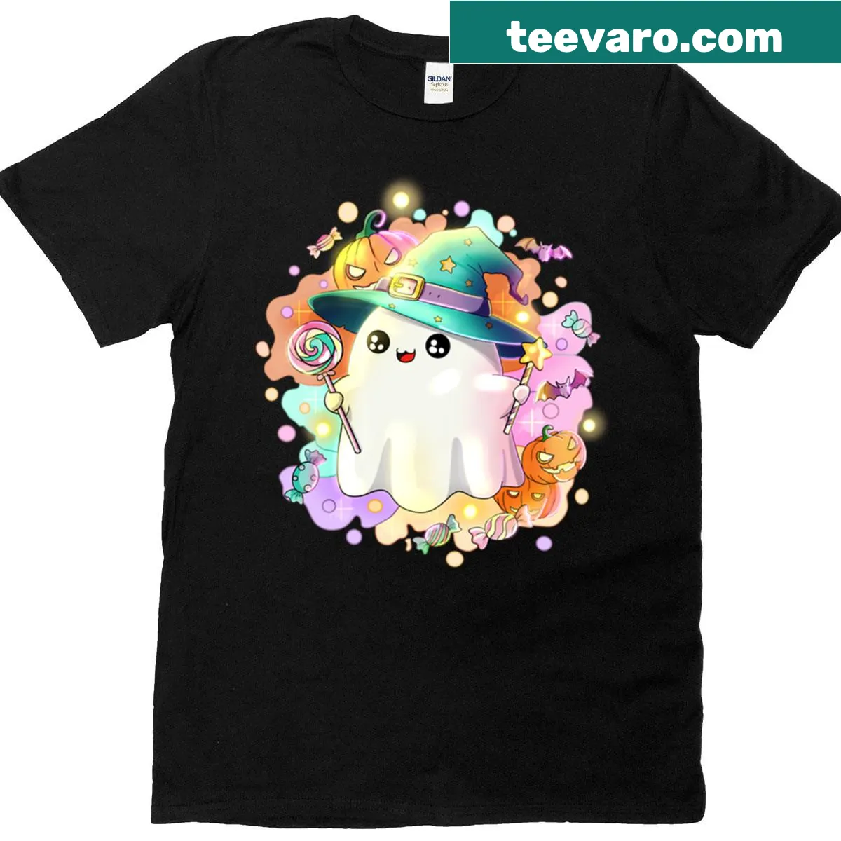 Cute retro ghost with pumpkin design on a Halloween T-shirt — on a men's t-shirt