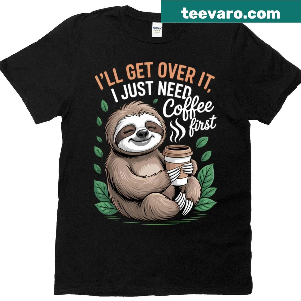 Cartoon sloth drinking coffee on a funny t-shirt — on a men's t-shirt