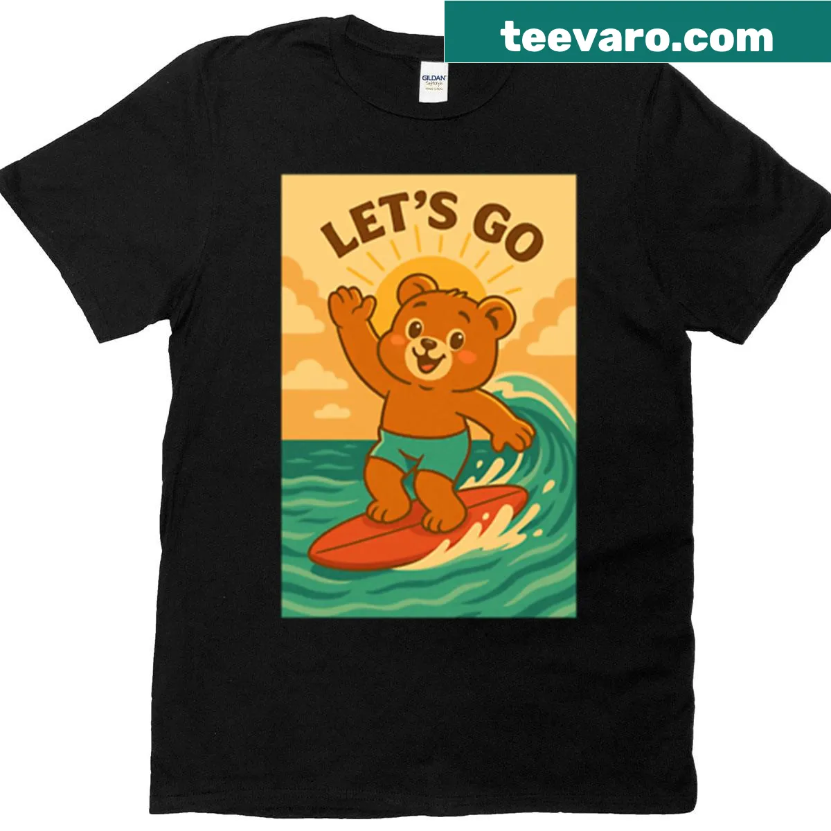 Retro bear surfing design on a summer-themed t-shirt — on a men's t-shirt