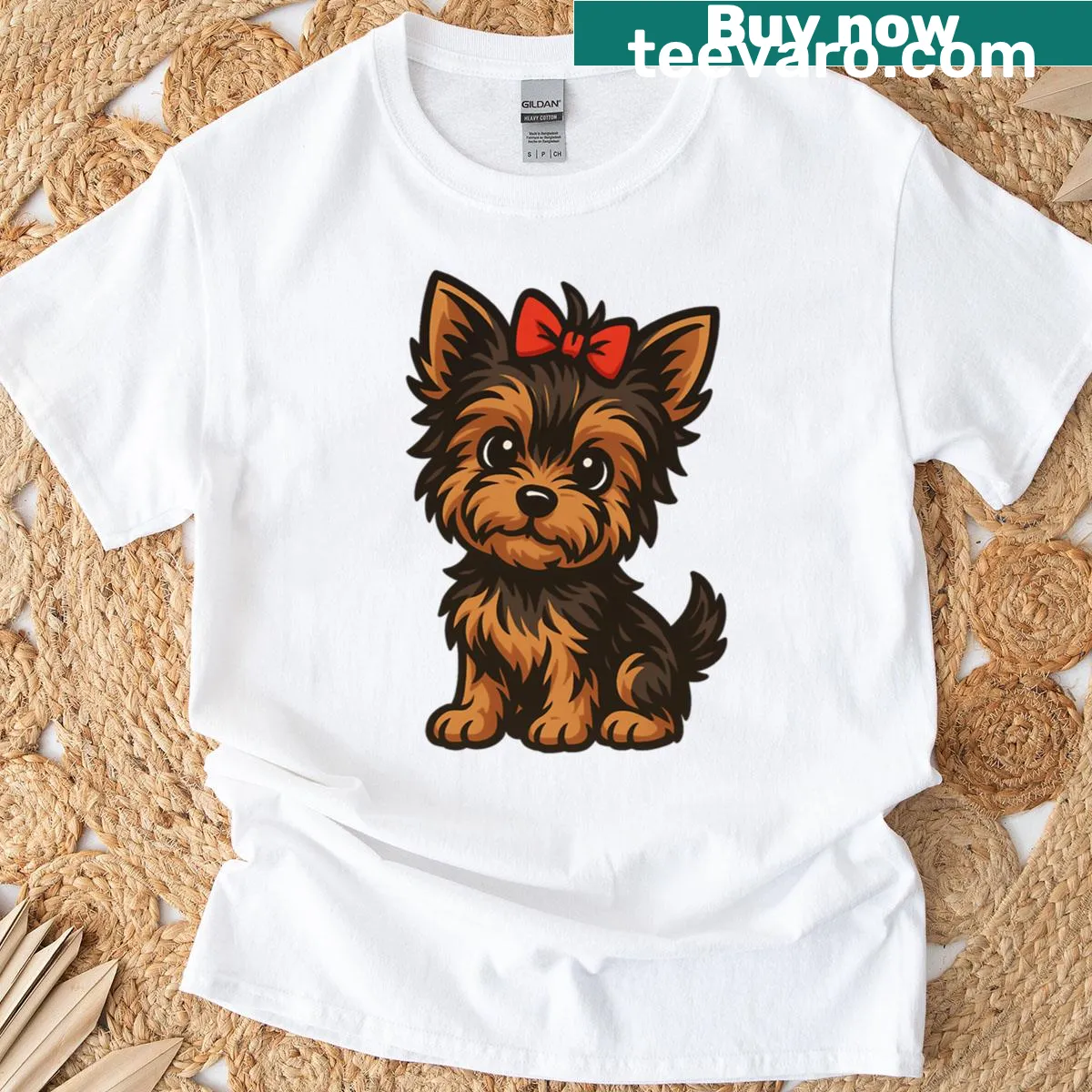 Cartoon of a cute Yorkie puppy on an oversized t-shirt — on a men's t-shirt