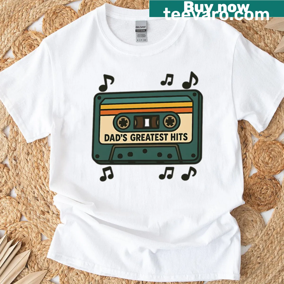 Retro cassette tape design with 'Dads Greatest Hits' text on a t-shirt — on a men's t-shirt