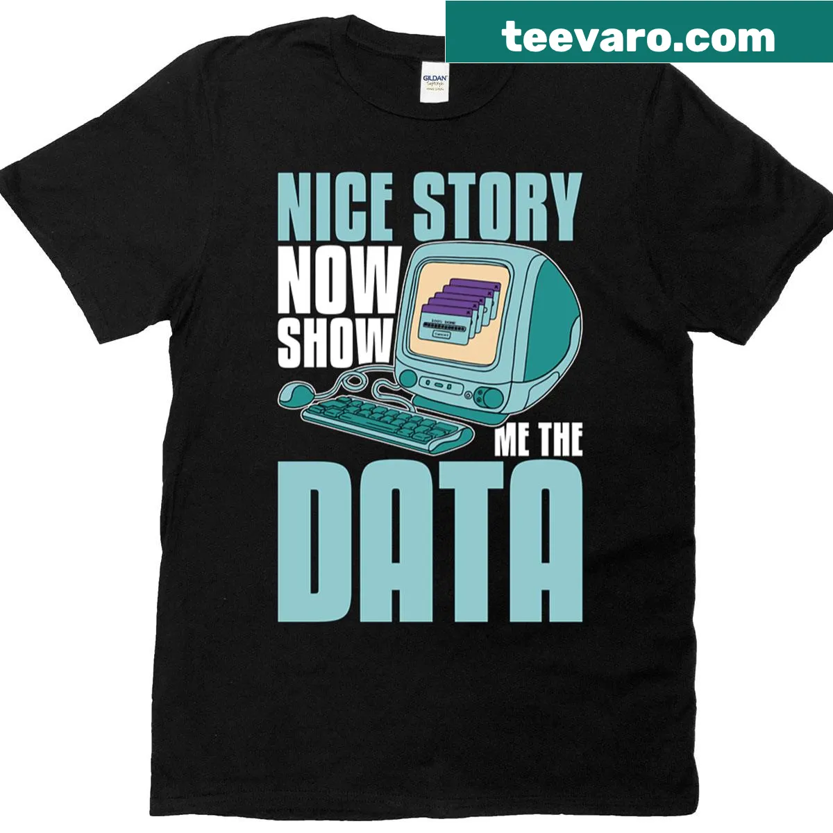 Text 'Nice Story, Now Show Me The Programming' on an oversized T-shirt — on a men's t-shirt