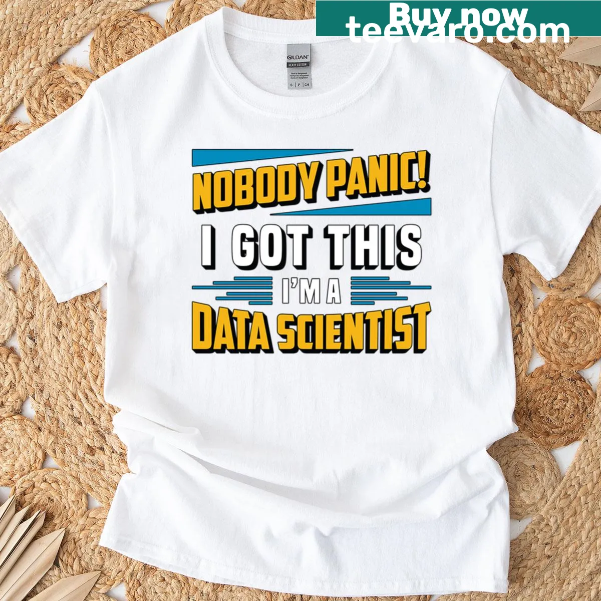 Oversized T-shirt with 'Nobody Panic I Got This' for data analysts. — on a men's t-shirt