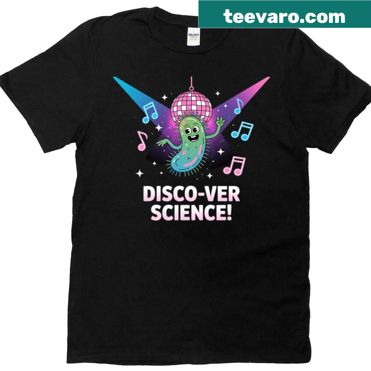 Humorous text 'Disco-ver Science' on T-shirt design — on a men's t-shirt