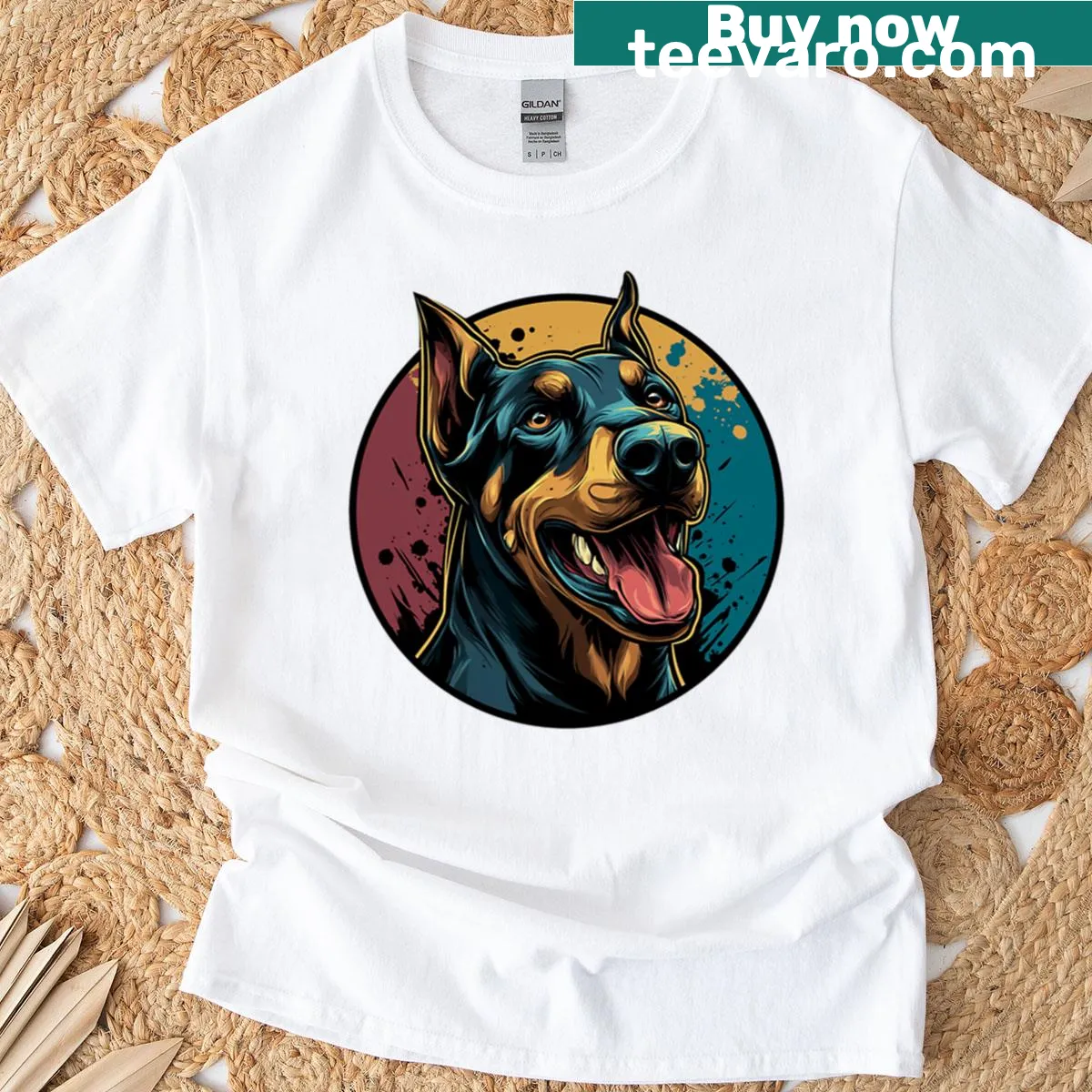 T-shirt displaying a Doberman with a playful grin and stylish design — on a men's t-shirt