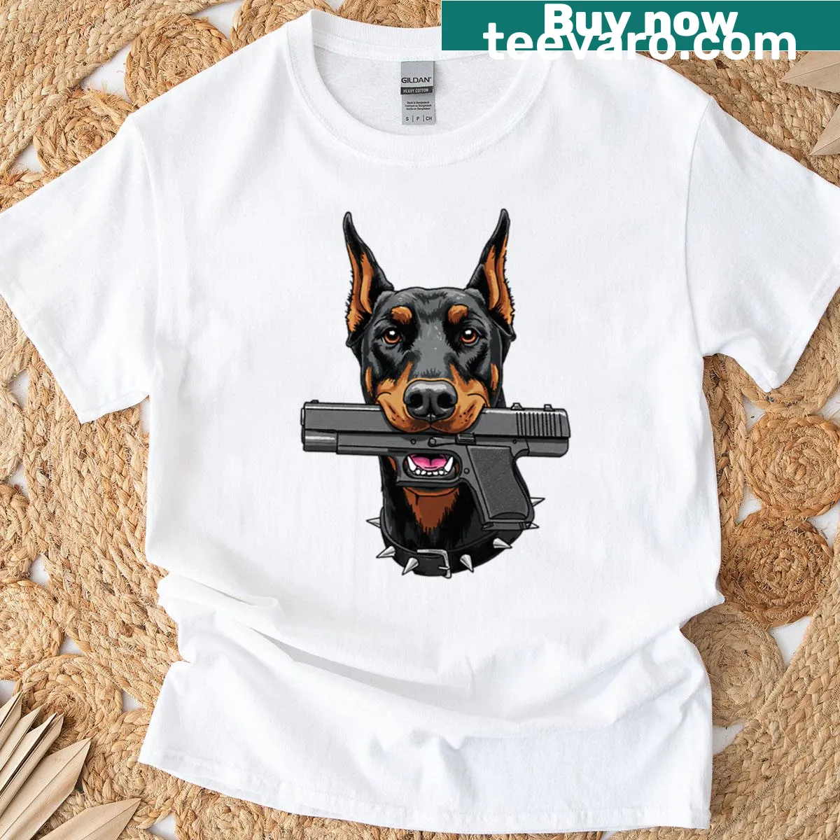 T-shirt featuring Doberman Pinscher illustration with a gun — on a men's t-shirt