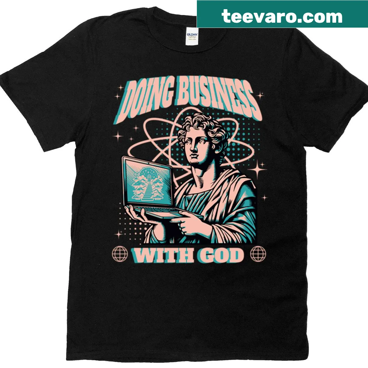 Inspirational T-shirt with the phrase 'Doing Business With God' for entrepreneurs. — on a men's t-shirt
