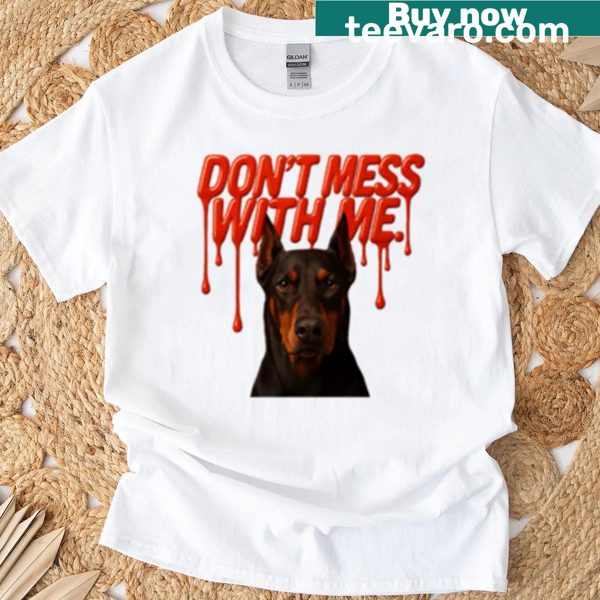 Doberman-themed oversized t-shirt with humorous warning text — on a men's t-shirt