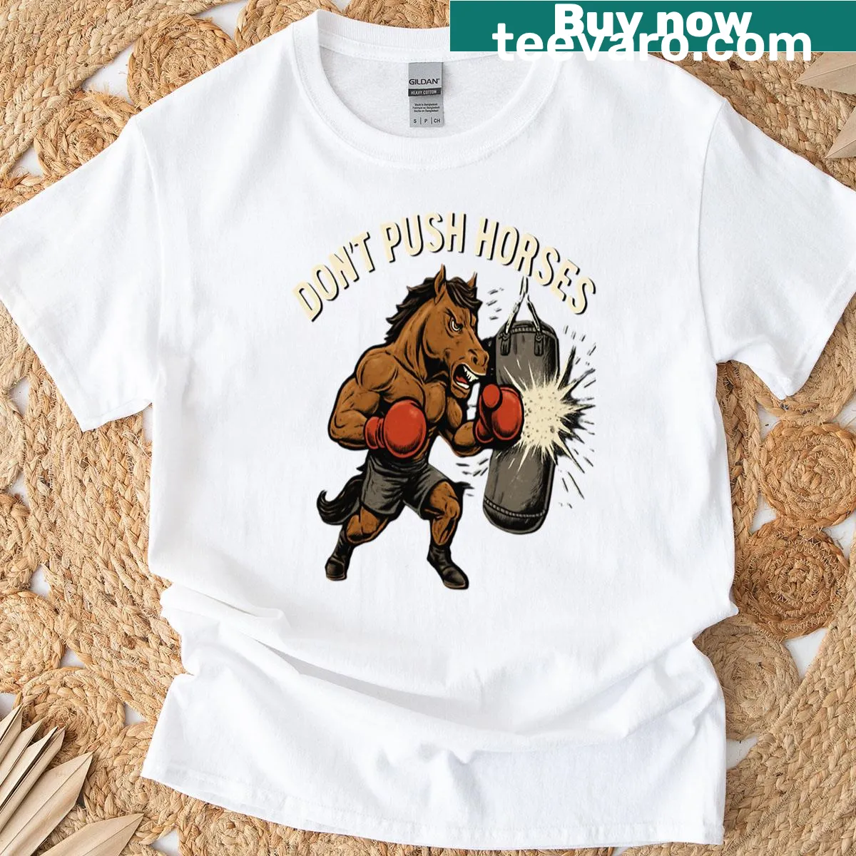 T-shirt with bold text saying 'Don't Push The Horses' for boxing training. — on a men's t-shirt