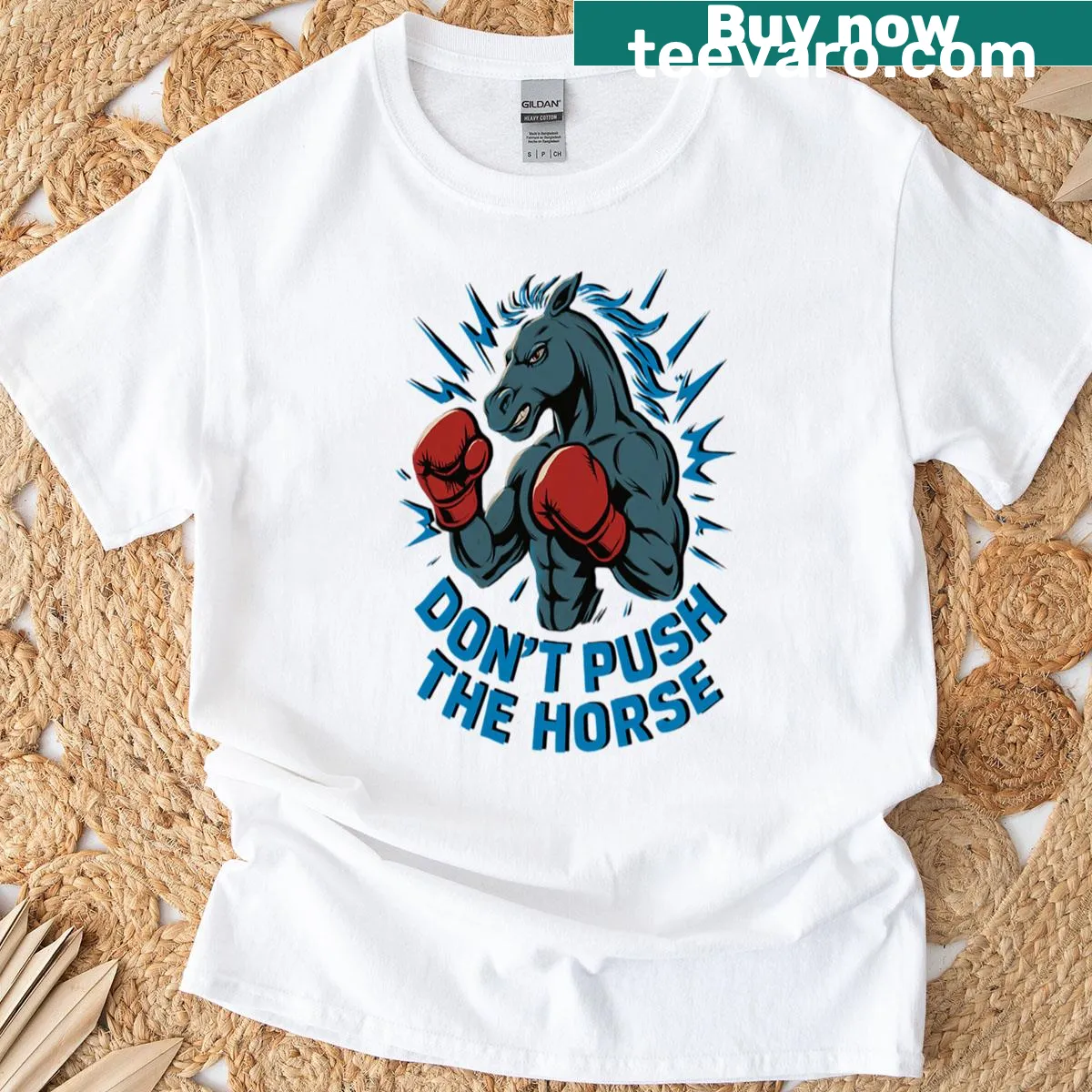 Boxing horse illustration T-shirt with a humorous graphic. — on a men's t-shirt
