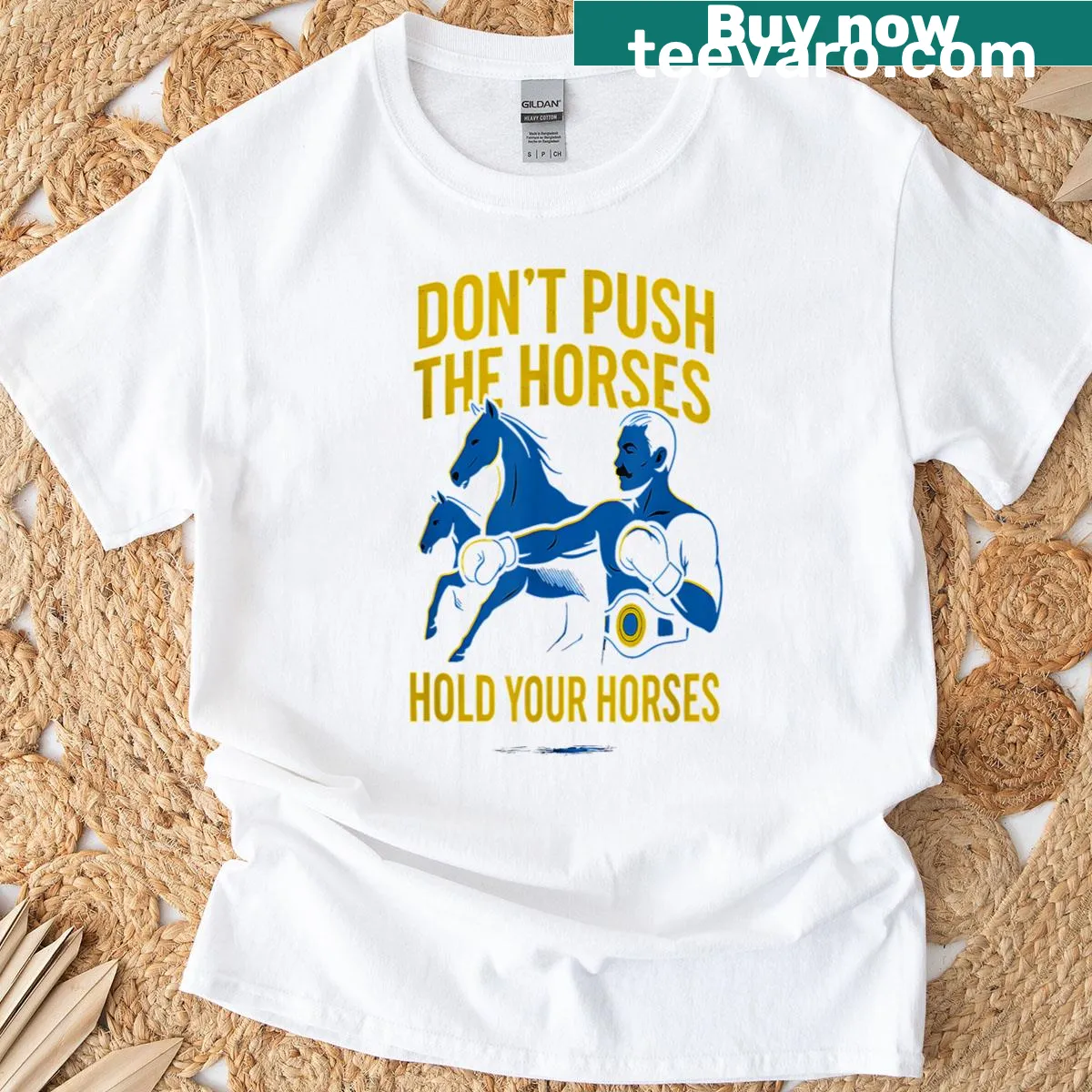 Boxing-themed T-shirt with humorous text 'Hold Your Horses.' — on a men's t-shirt
