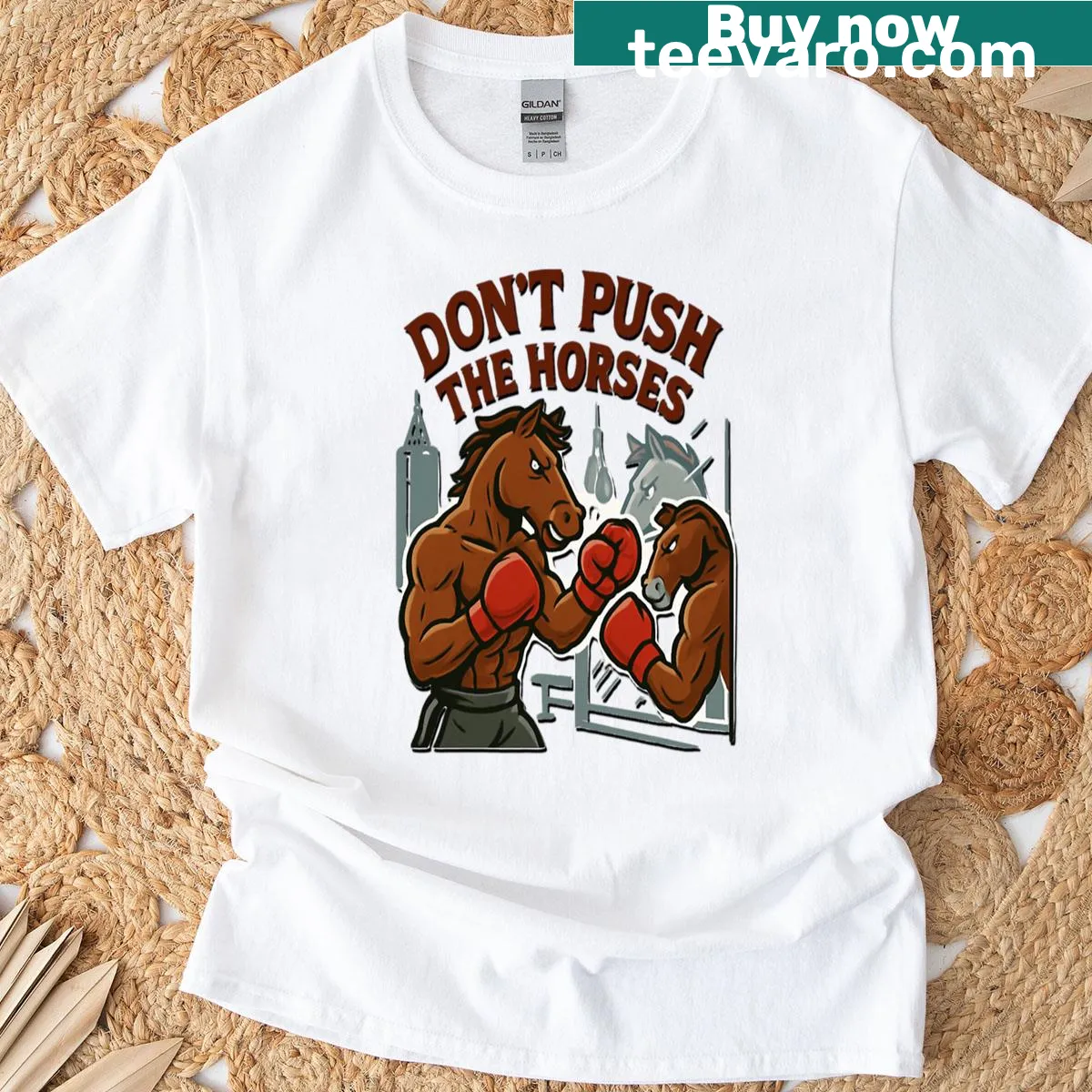 Motivational T-shirt featuring 'Don't Push The Horses' for boxing training. — on a men's t-shirt