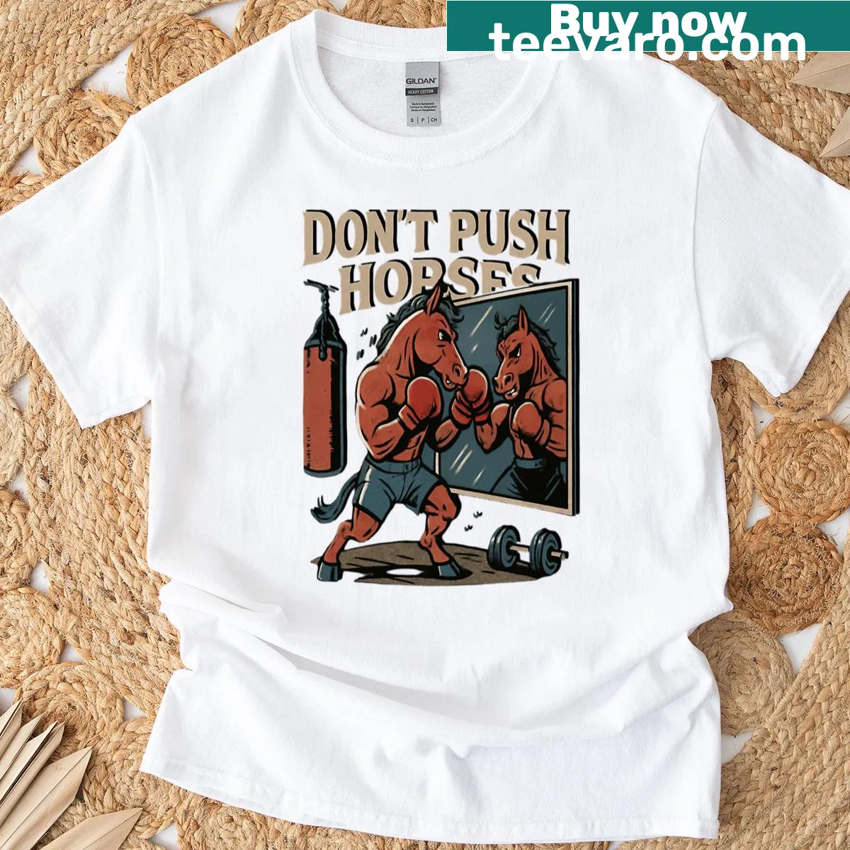 Boxing training T-shirt featuring 'Don't Push The Horses' for shadowboxing. — on a men's t-shirt