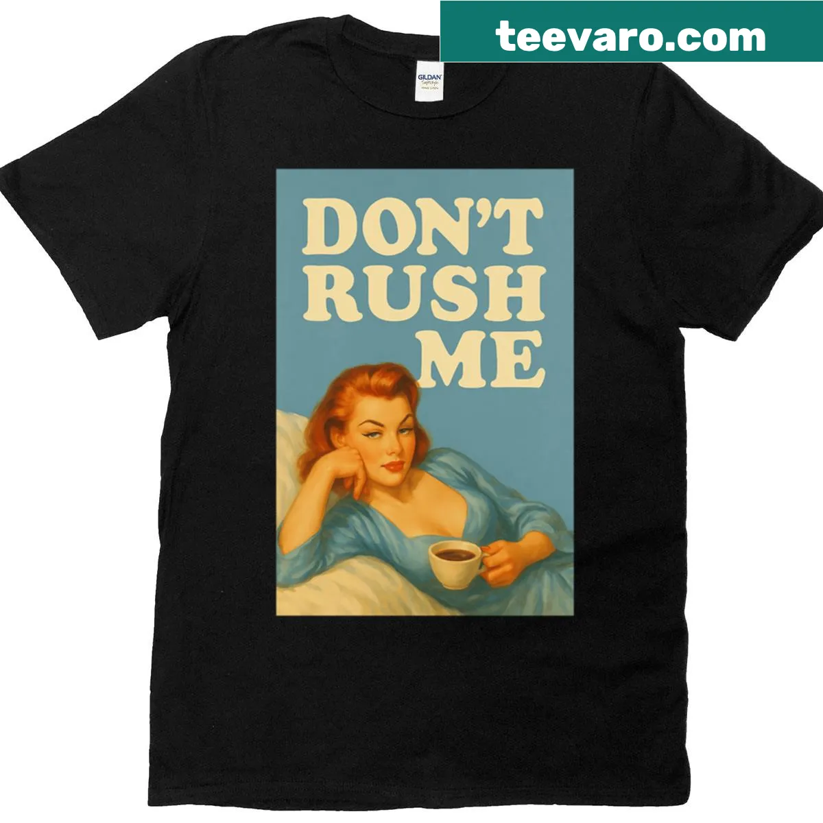 Sassy retro woman with coffee illustration on a T-shirt — on a men's t-shirt
