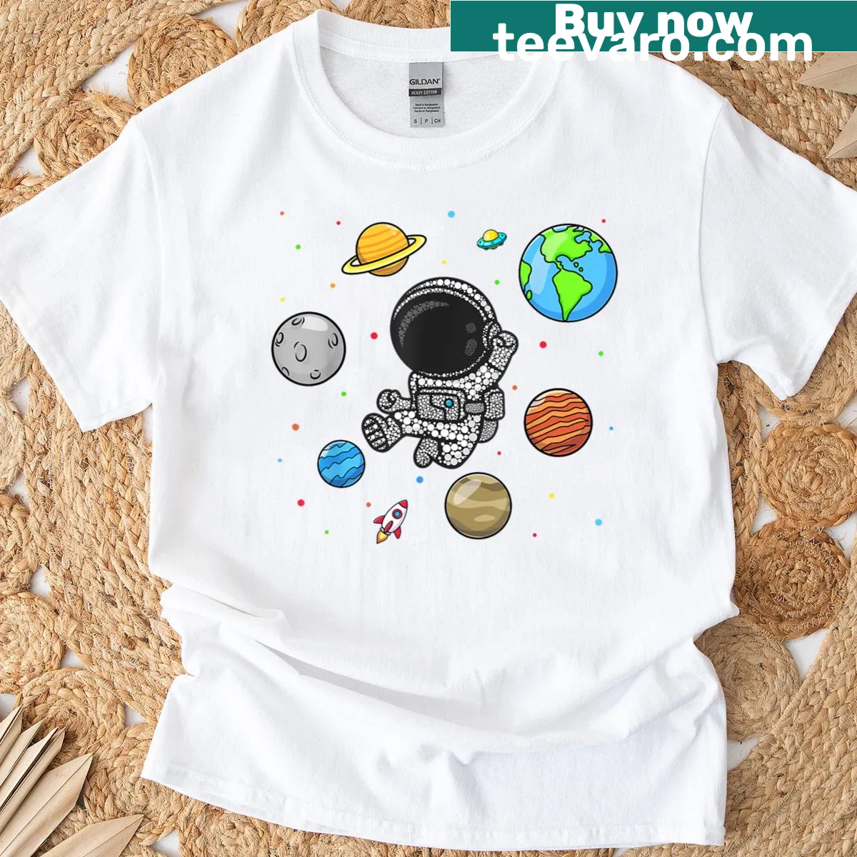 Kids astronaut T-shirt with planets and space illustration — on a men's t-shirt