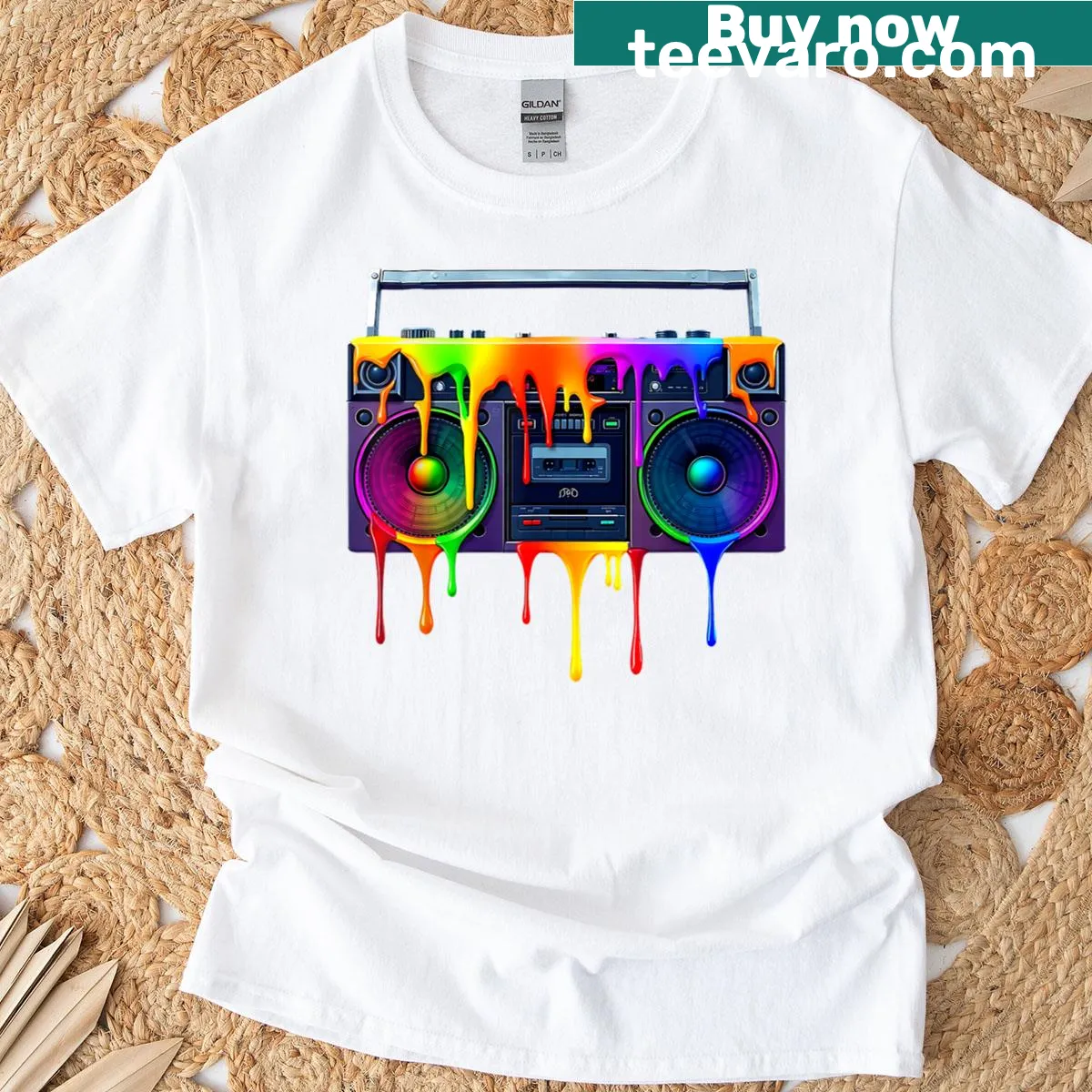 Funny T-shirt featuring a dripping paint boombox illustration. — on a men's t-shirt